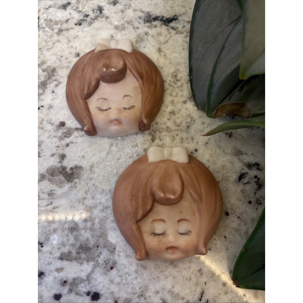 Vintage Hand Painted Ceramic Wall Plaques Baby Face Little Girls Kitschy Decor